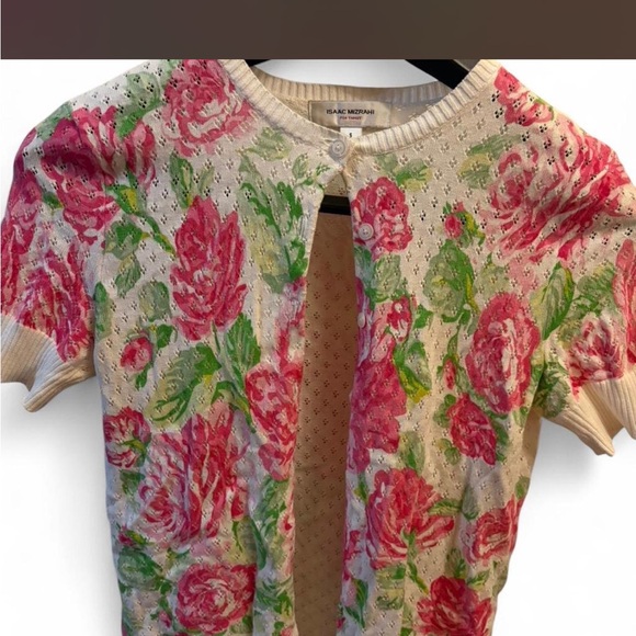 Isaac Mizrahi Sweaters - Y2K Isaac Mizrahi Floral Knit Cardigan - Pink & Green Roses